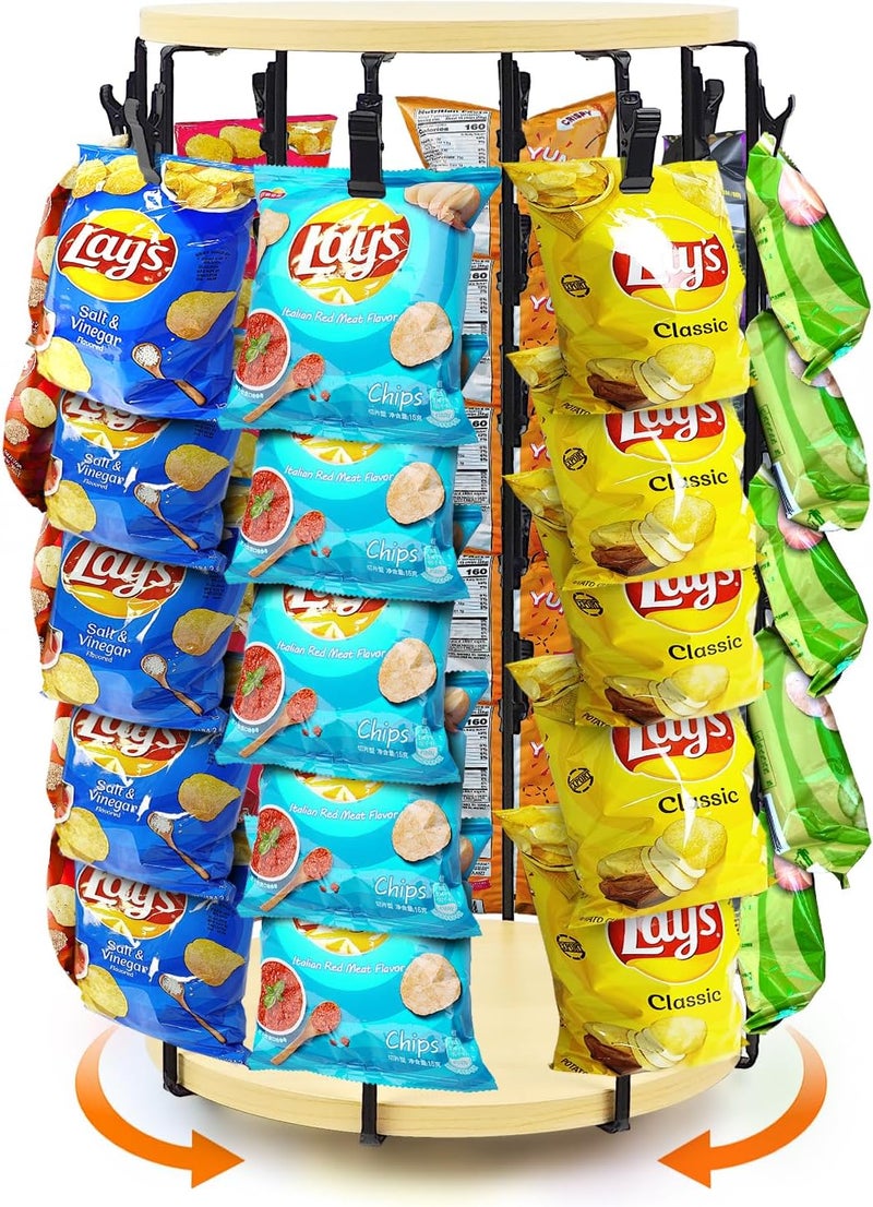ROSROSE Chip Rack Display Stand, 5 Tier 40 Clips Snack Organizer with Rotating Wooden Base, Chip Holder Stand Candy Display for Countertop, Concession Stand, Party, Retail, Office Snack Display Rack - Image 1